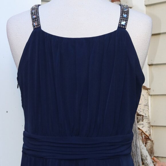 Sangria Navy Blue Knit Grecian Gathered Knit Rhinestone Trim Formal Maxi Dress - Picture 9 of 11